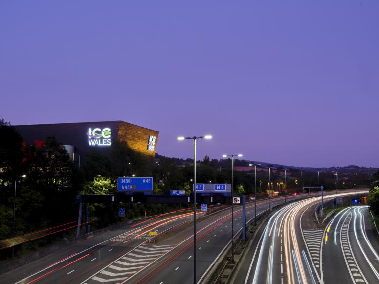 ICC Wales at night overlooking M4